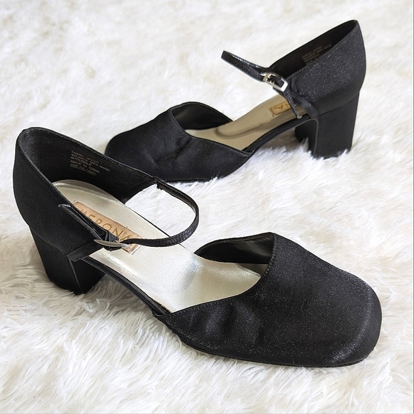 Merona Shoes - Y2K Merona Metallic Black Chunky Ankle Strap Block Heels Size 10